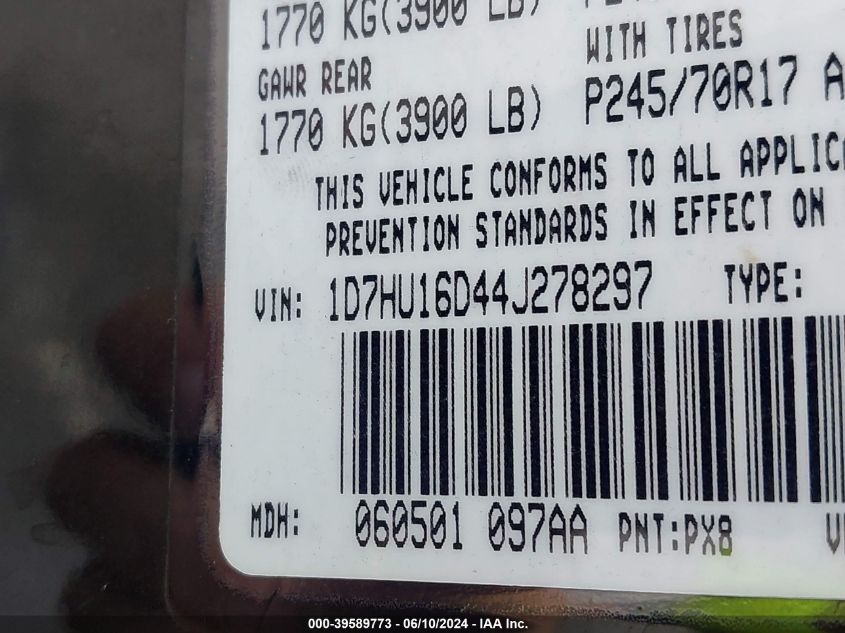 2004 Dodge Ram 1500 Slt/Laramie VIN: 1D7HU16D44J278297 Lot: 39589773