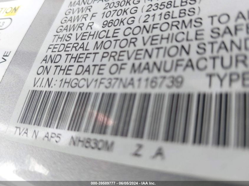 2022 Honda Accord Sport VIN: 1HGCV1F37NA116739 Lot: 39589777