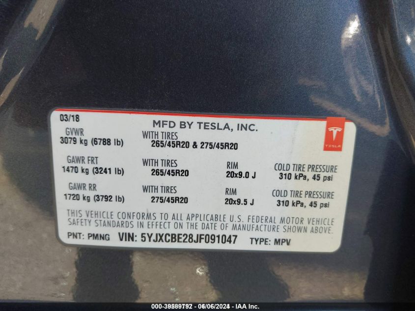 2018 Tesla Model X 100D/75D/P100D VIN: 5YJXCBE28JF091047 Lot: 39589792