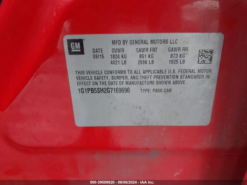 2016 Chevrolet Cruze Limited Ls Manual VIN: 1G1PB5SH2G7169696 Lot: 39589820