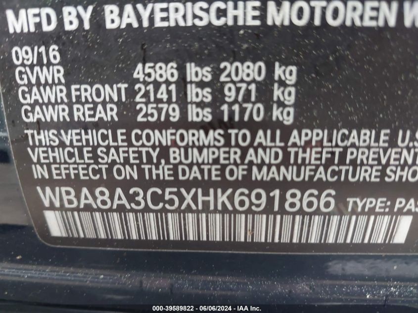 2017 BMW 320I xDrive VIN: WBA8A3C5XHK691866 Lot: 39589822