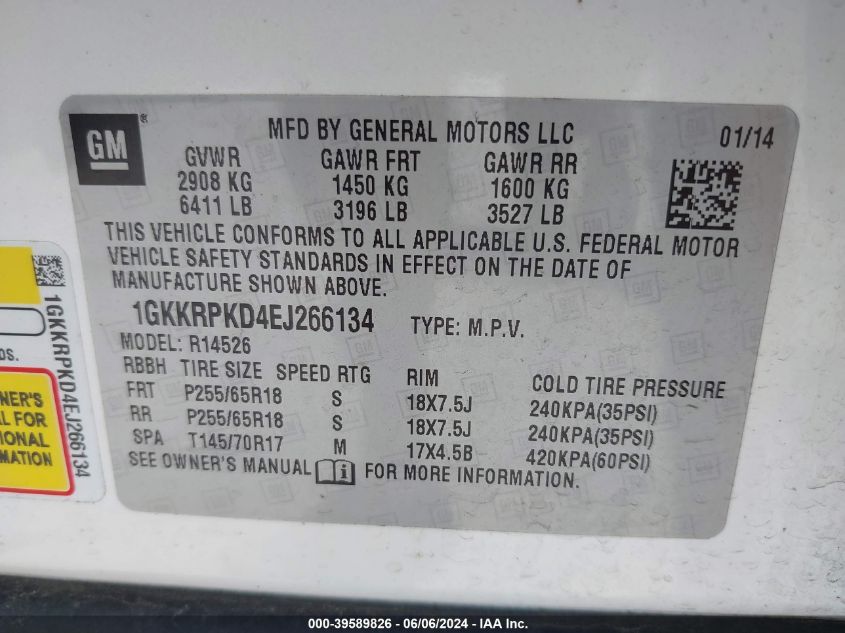 1GKKRPKD4EJ266134 2014 GMC Acadia Sle-2