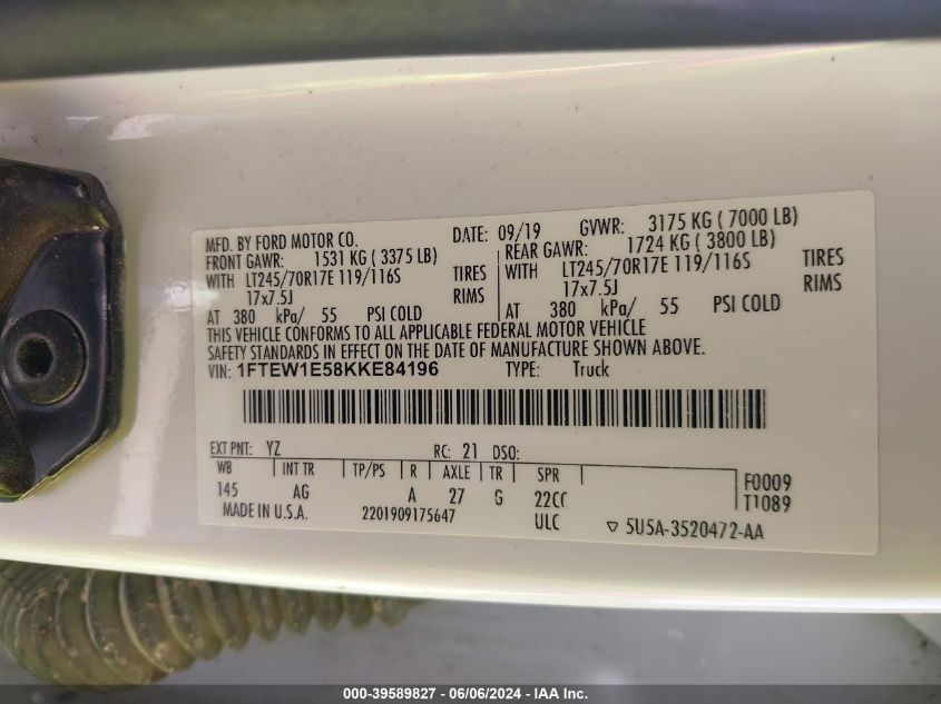 2019 Ford F-150 Xl VIN: 1FTEW1E58KKE84196 Lot: 39589827