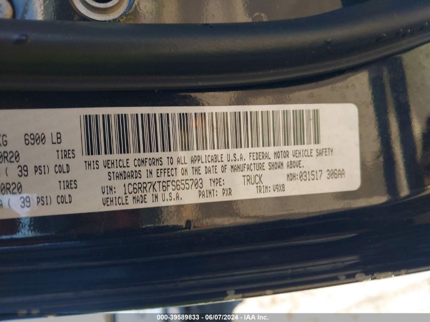 2015 Ram 1500 Express VIN: 1C6RR7KT6FS655703 Lot: 39589833