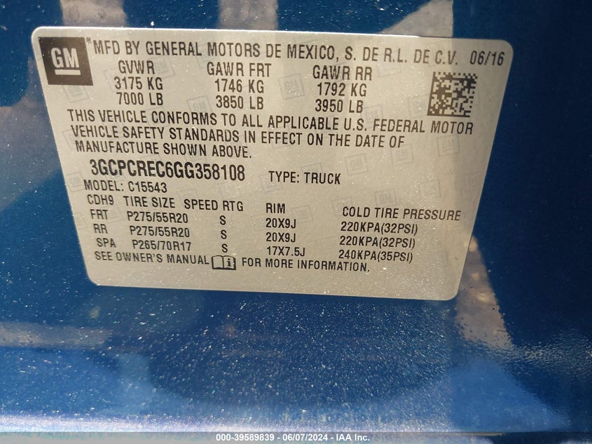 2016 Chevrolet Silverado 1500 1Lt VIN: 3GCPCREC6GG358108 Lot: 39589839