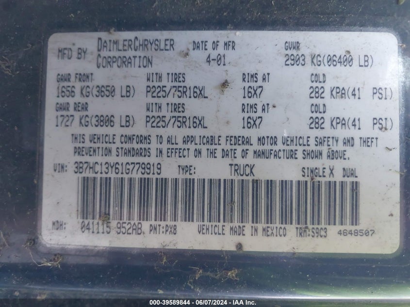 2001 Dodge Ram 1500 St VIN: 3B7HC13Y61G779919 Lot: 39589844