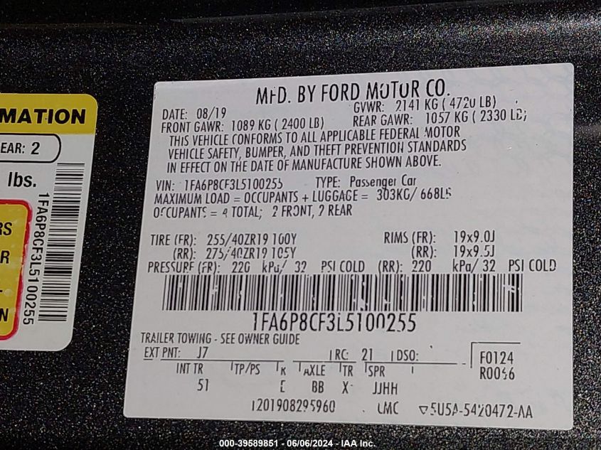 2020 Ford Mustang Gt Premium Fastback VIN: 1FA6P8CF3L5100255 Lot: 39589851