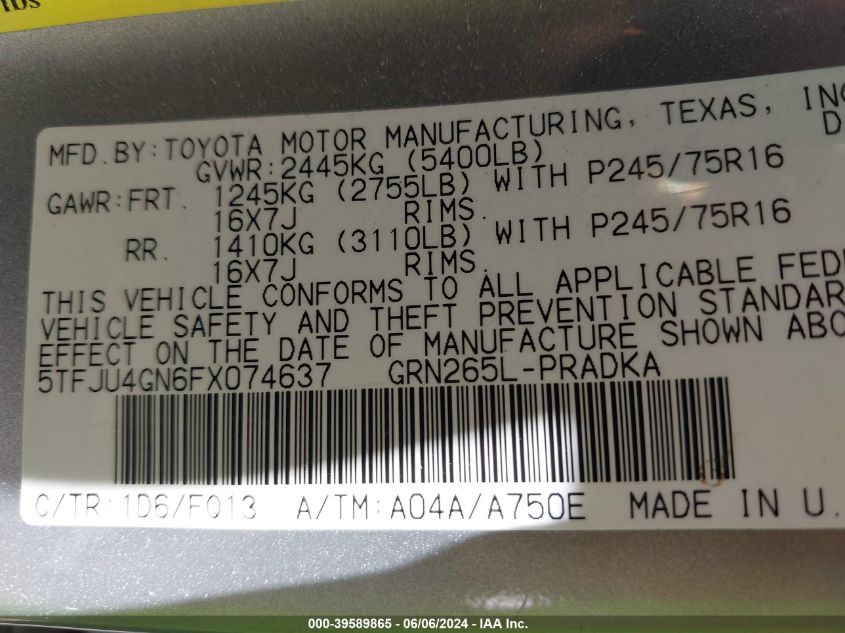 2015 Toyota Tacoma Prerunner V6 VIN: 5TFJU4GN6FX074637 Lot: 39589865