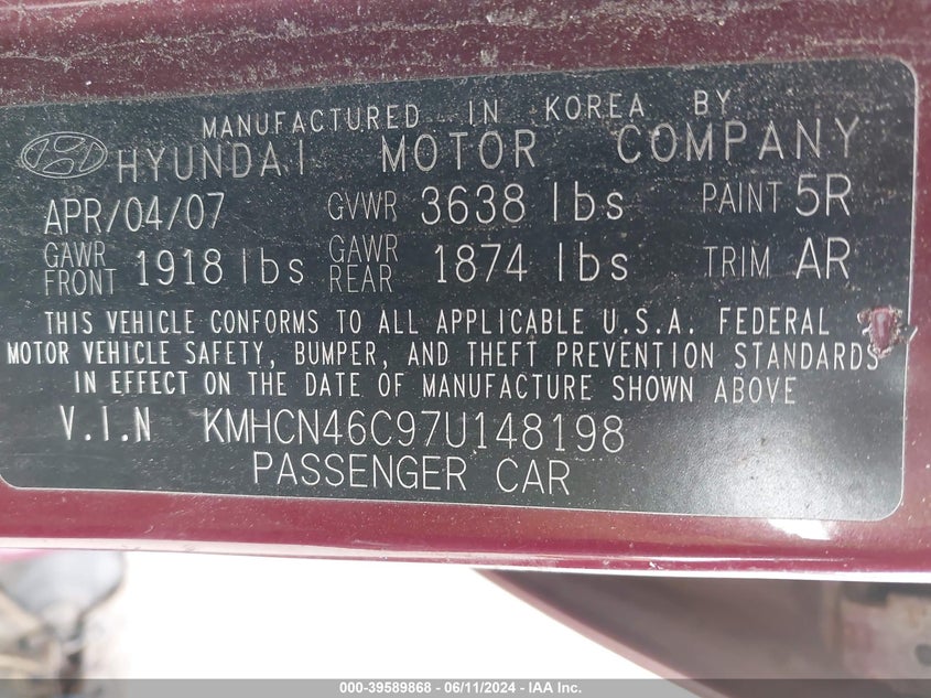 2007 Hyundai Accent Gls VIN: KMHCN46C97U148198 Lot: 39589868