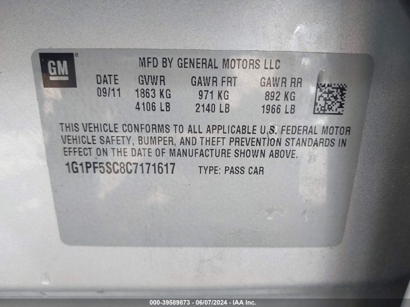 2012 Chevrolet Cruze 1Lt VIN: 1G1PF5SC8C7171617 Lot: 39589873