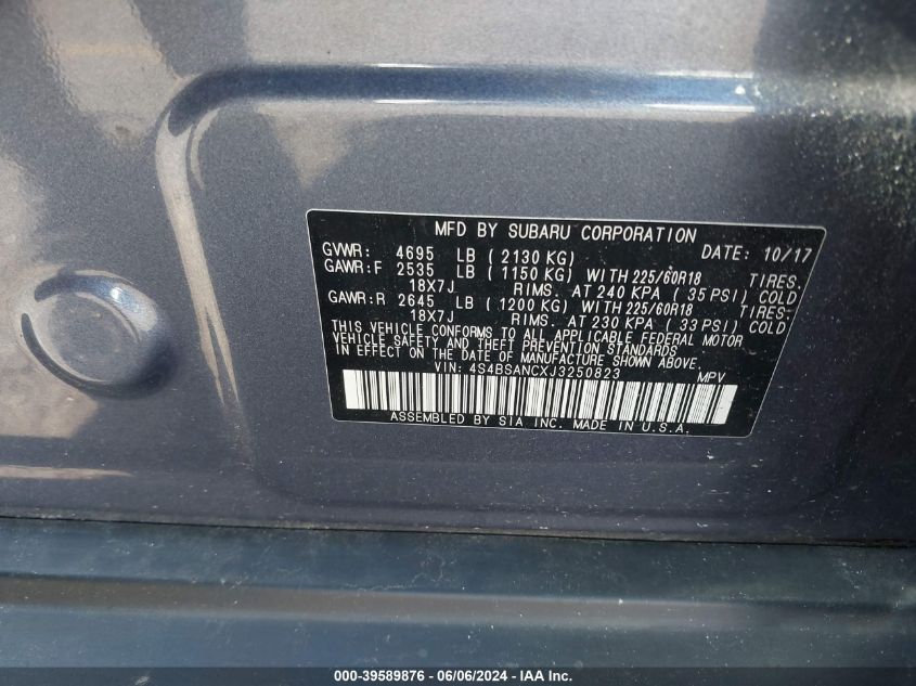 2018 Subaru Outback 2.5I Limited VIN: 4S4BSANCXJ3250823 Lot: 39589876