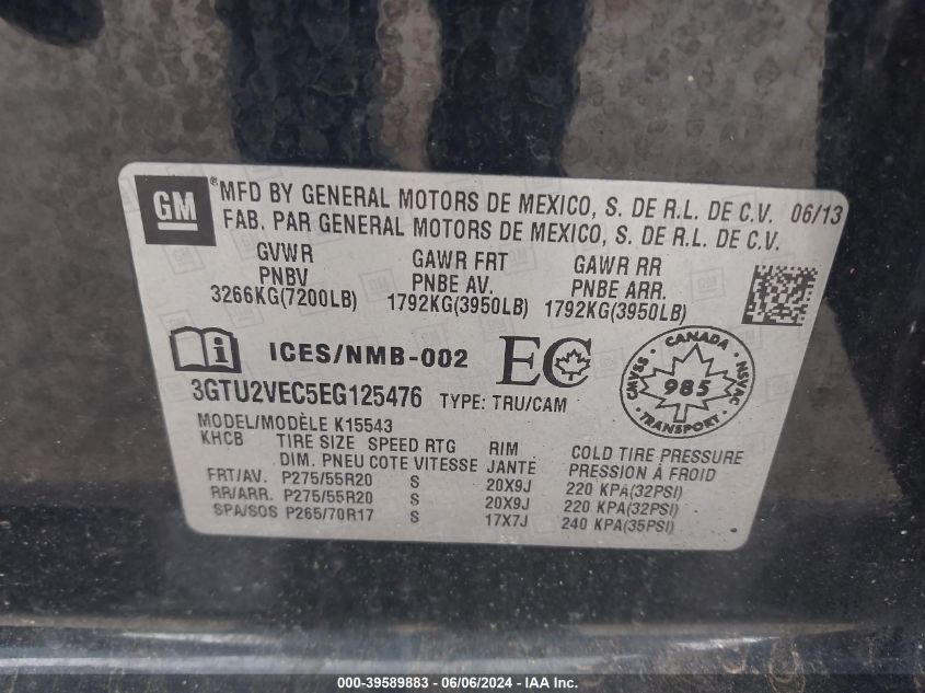 2014 GMC Sierra 1500 Slt VIN: 3GTU2VEC5EG125476 Lot: 39589883