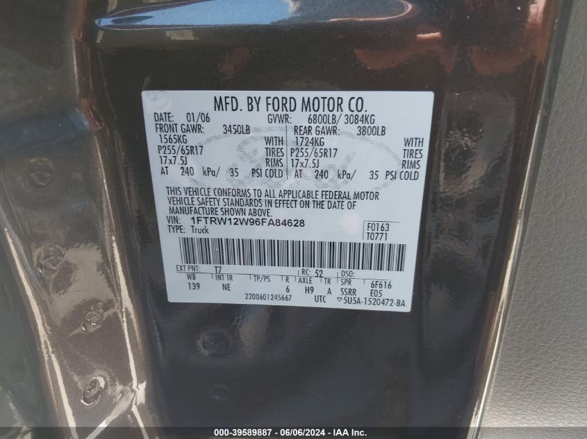 2006 Ford F-150 Xlt VIN: 1FTRW12W96FA84628 Lot: 39589887