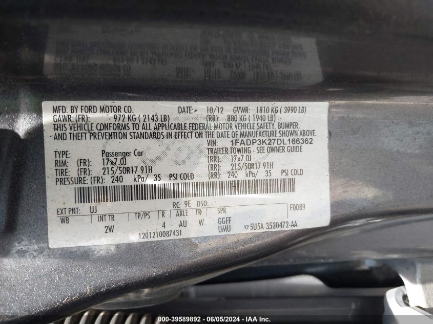 2013 Ford Focus Se VIN: 1FADP3K27DL166362 Lot: 39589892