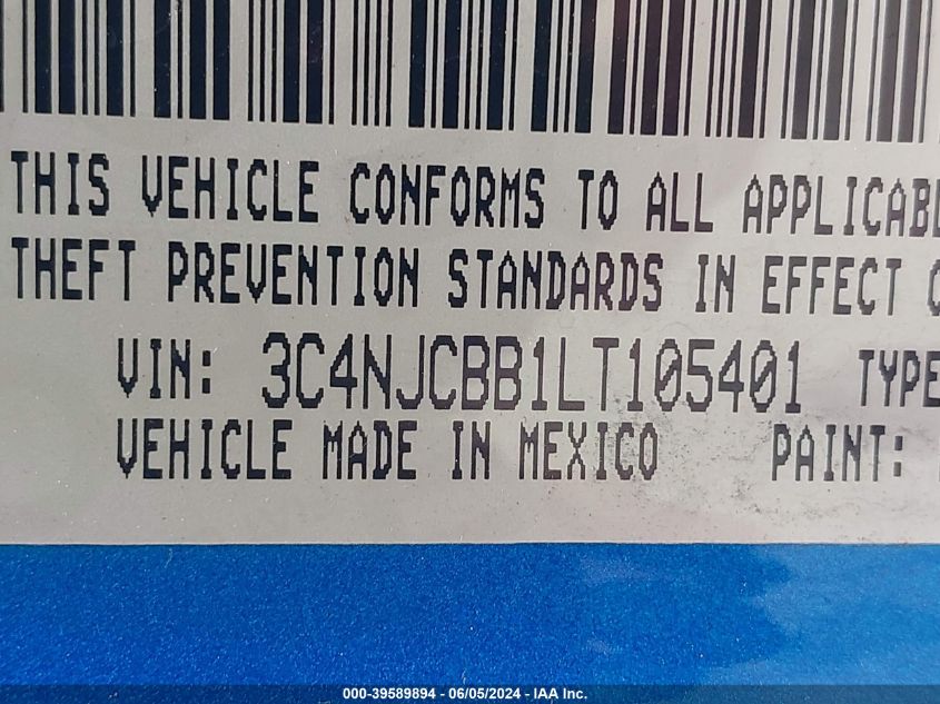 2020 Jeep Compass Latitude Fwd VIN: 3C4NJCBB1LT105401 Lot: 39589894
