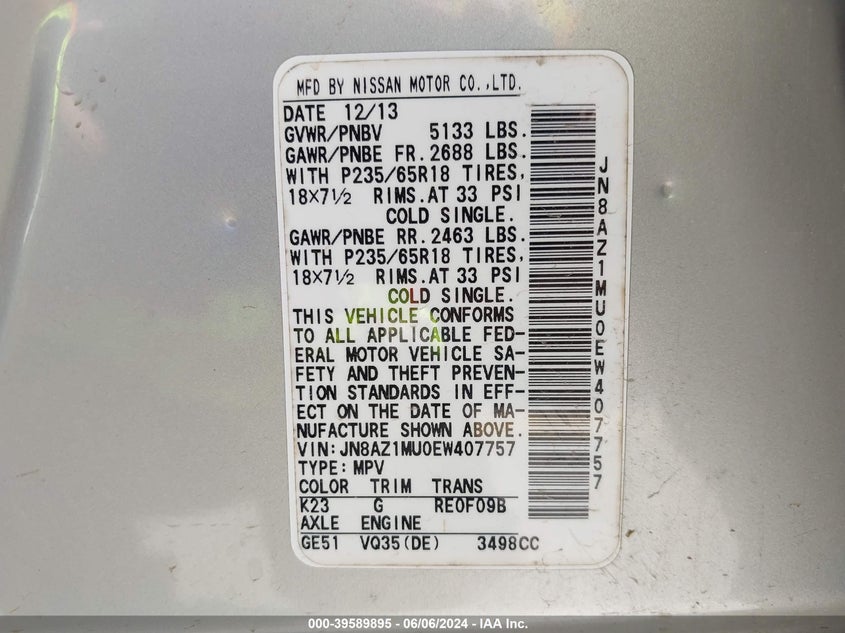 2014 Nissan Murano Le/S/Sl/Sv VIN: JN8AZ1MU0EW407757 Lot: 39589895