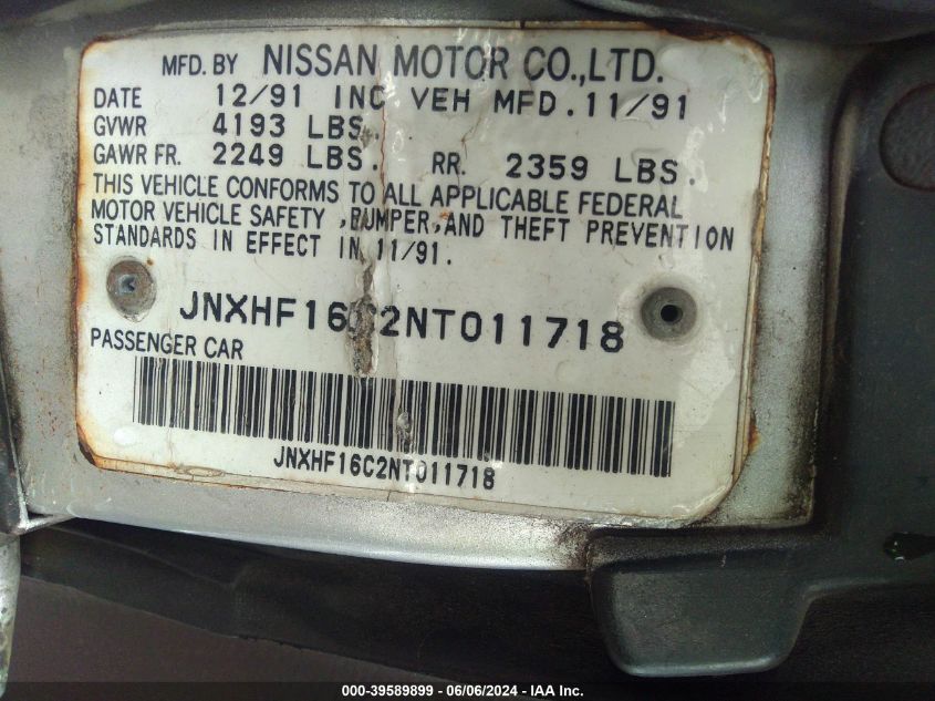 1992 Infiniti M30 VIN: JNXHF16C2NT011718 Lot: 39589899