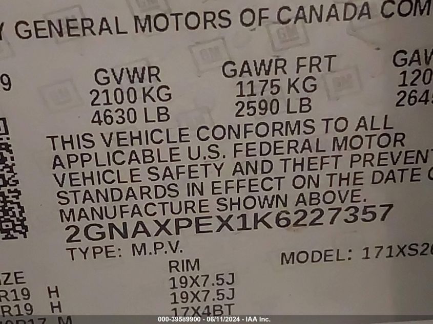 2019 Chevrolet Equinox Premier VIN: 2GNAXPEX1K6227357 Lot: 39589900