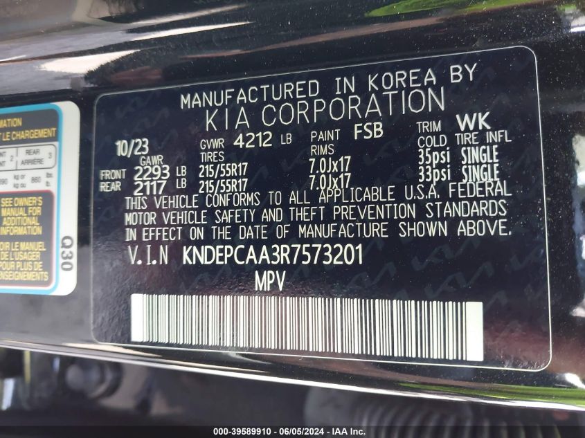 2024 Kia Seltos Lx VIN: KNDEPCAA3R7573201 Lot: 39589910