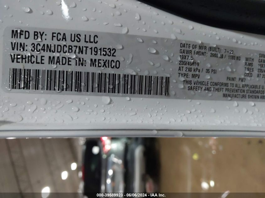 2022 Jeep Compass Limited 4X4 VIN: 3C4NJDCB7NT191532 Lot: 39589923