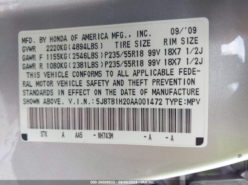 2010 Acura Rdx VIN: 5J8TB1H20AA001472 Lot: 39589933