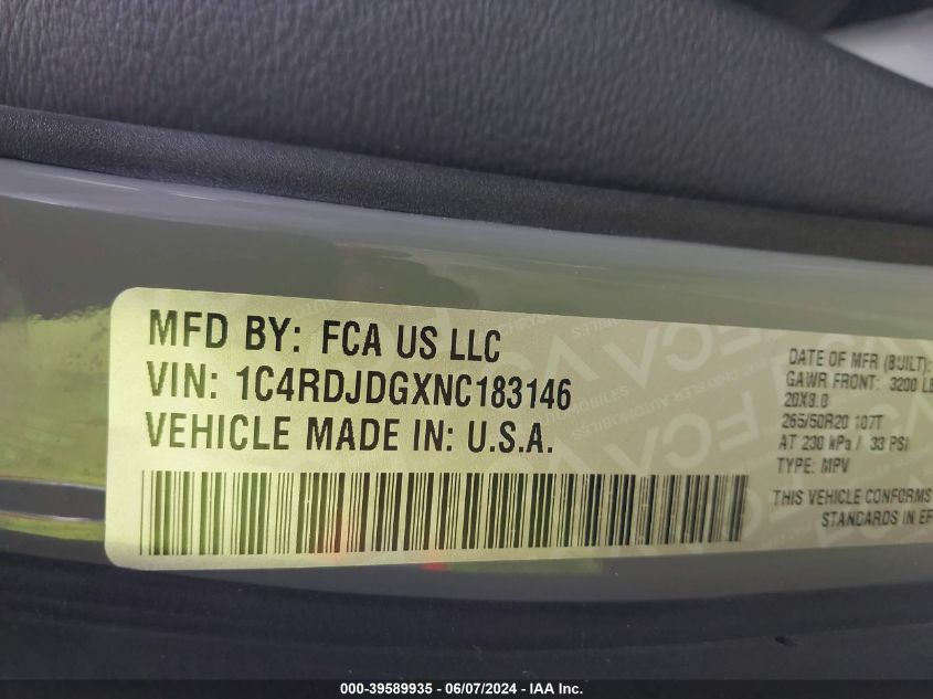 2022 DODGE DURANGO GT - 1C4RDJDGXNC183146