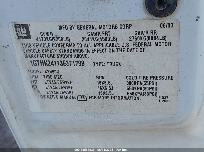 2003 GMC Sierra 2500Hd Sle VIN: 1GTHK24113E371798 Lot: 39589939