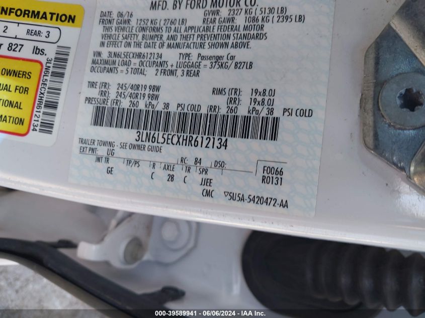 2017 Lincoln Mkz Reserve VIN: 3LN6L5ECXHR612134 Lot: 39589941