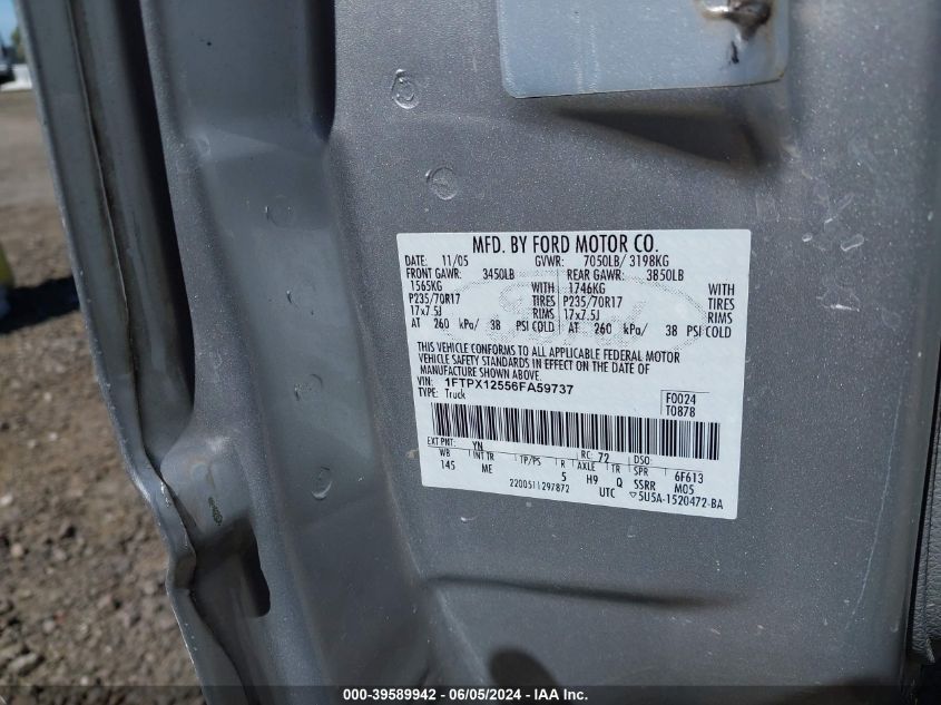 2006 Ford F-150 Lariat/Xl/Xlt VIN: 1FTPX12556FA59737 Lot: 39589942