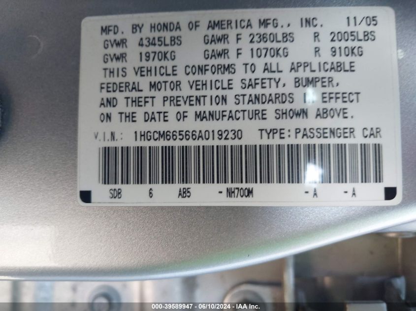 2006 Honda Accord 3.0 Ex VIN: 1HGCM66566A019230 Lot: 39589947