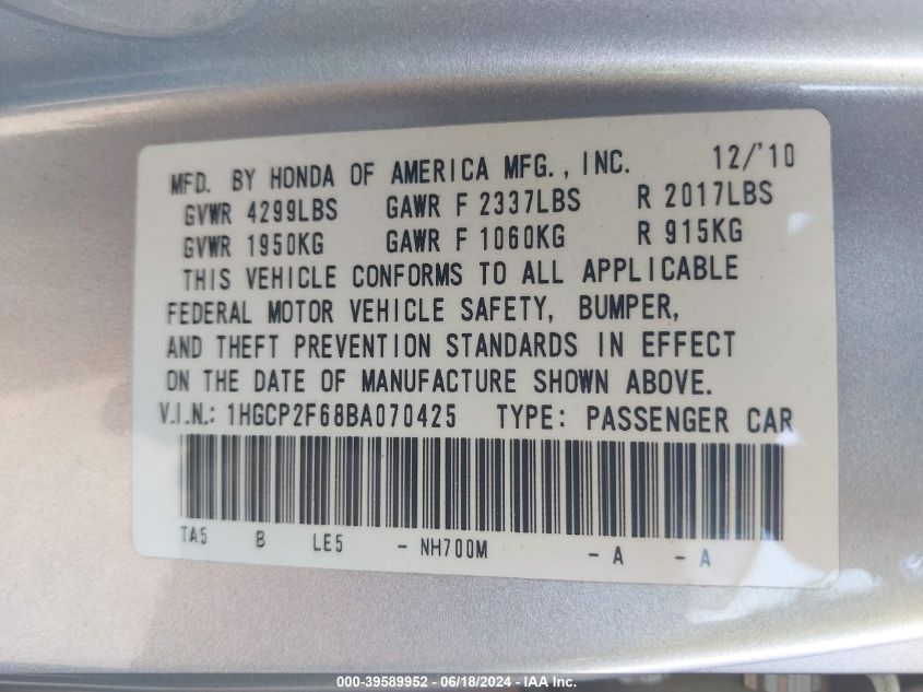 2011 Honda Accord 2.4 Se VIN: 1HGCP2F68BA070425 Lot: 39589952
