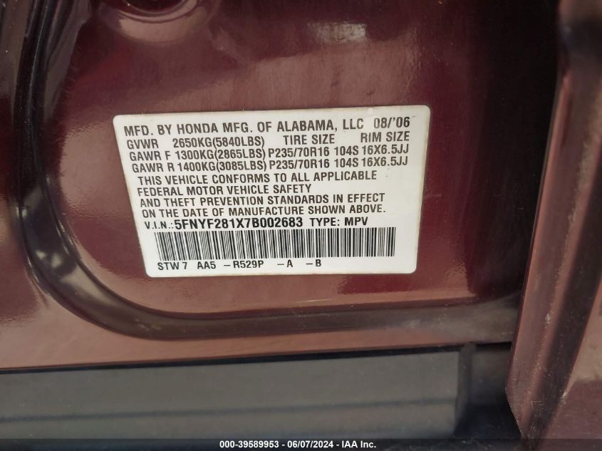 2007 Honda Pilot Lx VIN: 5FNYF281X7B002683 Lot: 39589953