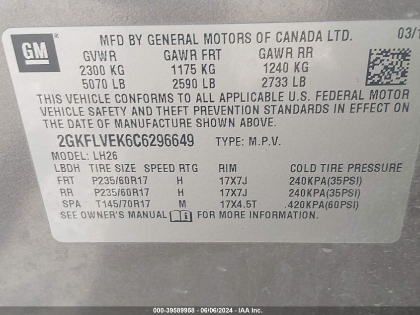 2012 GMC Terrain Slt-1 VIN: 2GKFLVEK6C6296649 Lot: 39589958