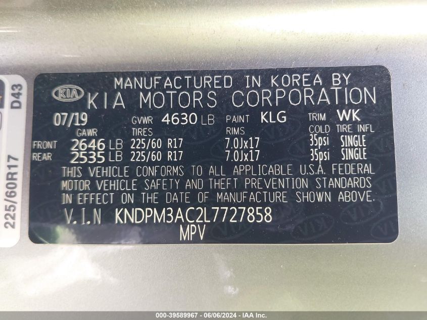 2020 Kia Sportage Lx VIN: KNDPM3AC2L7727858 Lot: 39589967