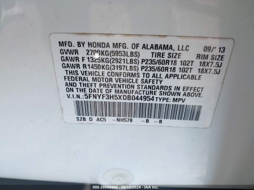 2013 Honda Pilot Ex-L VIN: 5FNYF3H5XDB044954 Lot: 39589968