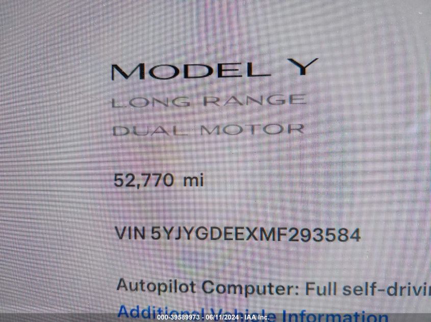 2021 Tesla Model Y Long Range Dual Motor All-Wheel Drive VIN: 5YJYGDEEXMF293584 Lot: 39589973