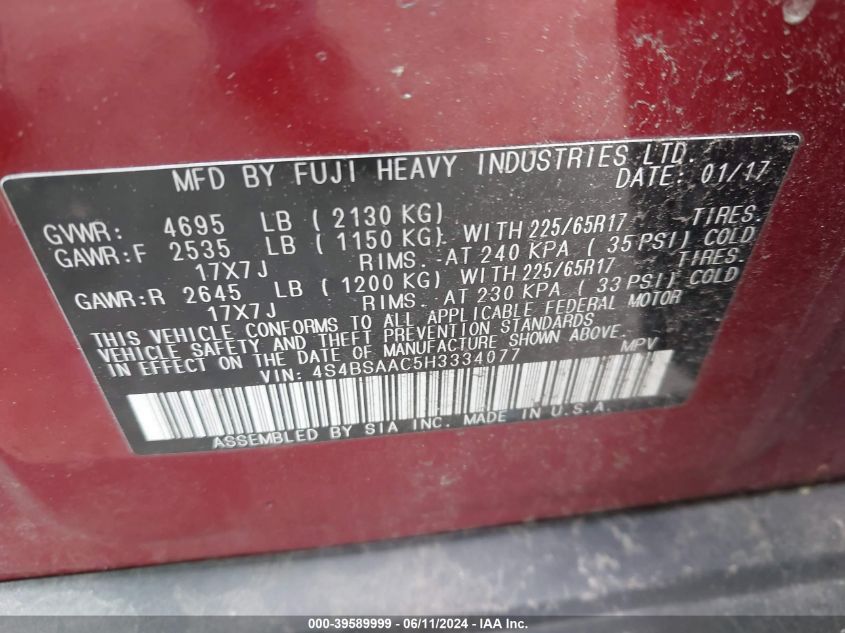 2017 Subaru Outback 2.5I VIN: 4S4BSAAC5H3334077 Lot: 39589999