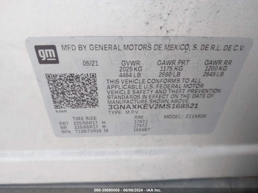 2021 Chevrolet Equinox Fwd Lt VIN: 3GNAXKEV2MS168521 Lot: 39590005