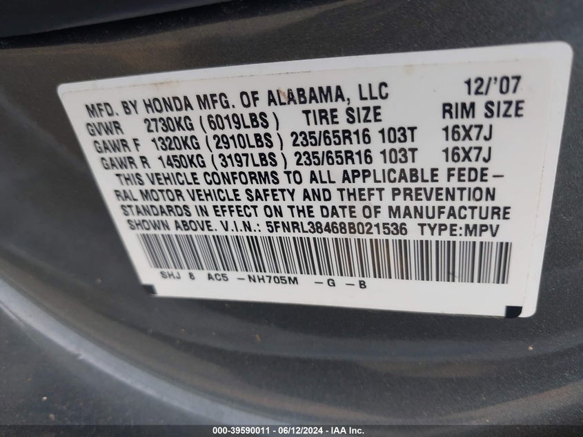 2008 Honda Odyssey Ex VIN: 5FNRL38468B021536 Lot: 39590011