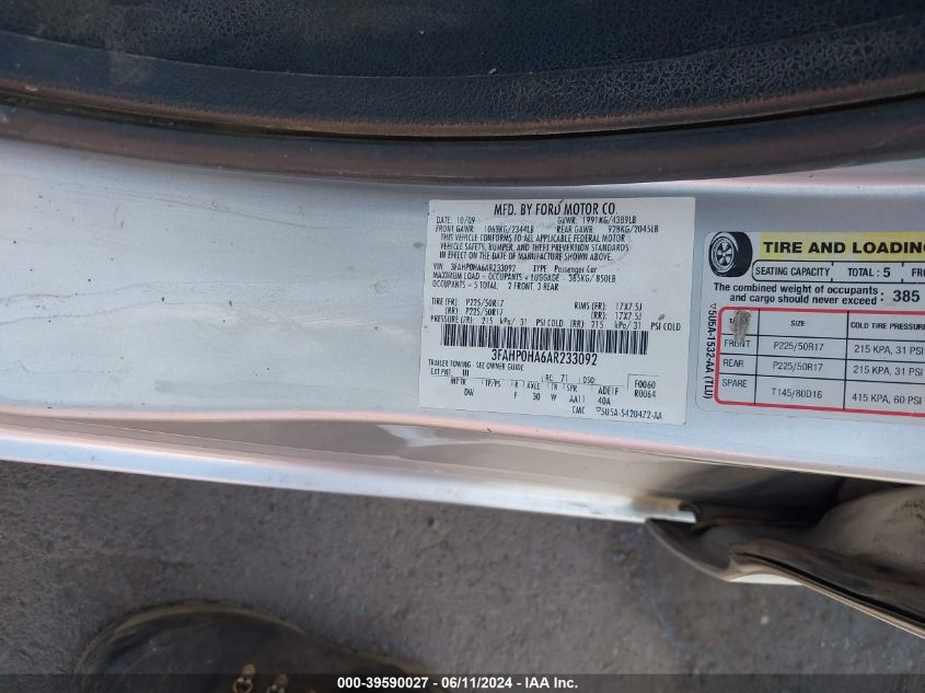 2010 Ford Fusion Se VIN: 3FAHP0HA6AR233092 Lot: 39590027