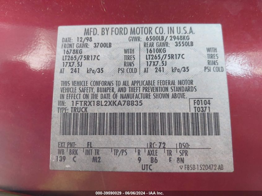 1999 Ford F-150 Lariat/Xl/Xlt VIN: 1FTRX18L2XKA78835 Lot: 39590029
