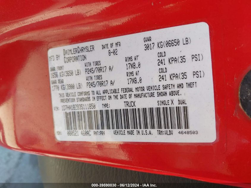 2003 Dodge Ram 1500 Slt/Laramie/St VIN: 1D7HA18Z93S111850 Lot: 39590030