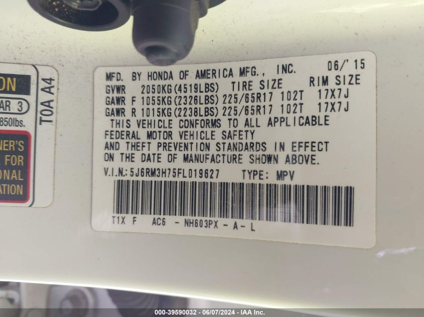 2015 Honda Cr-V Ex-L VIN: 5J6RM3H75FL019627 Lot: 39590032