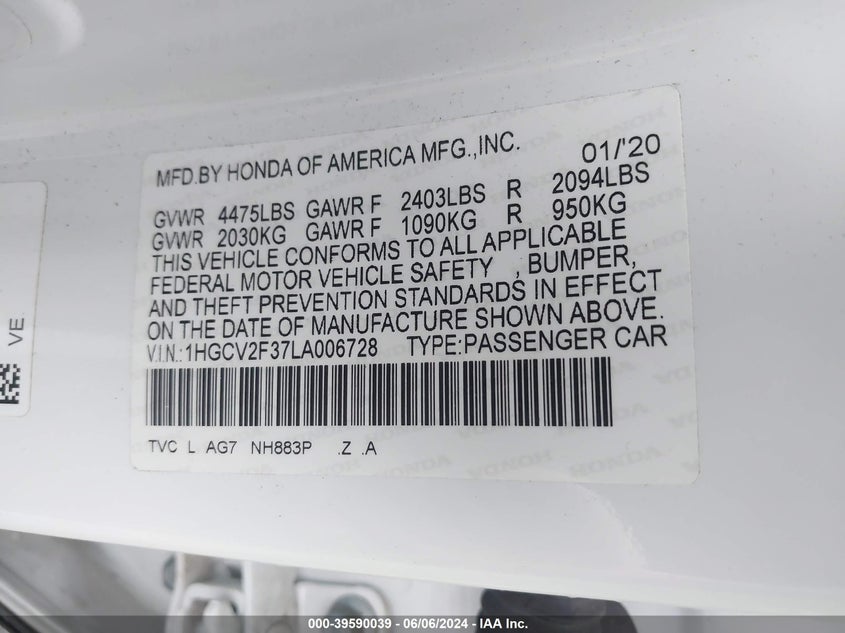 VIN 1HGCV2F37LA006728 2020 HONDA ACCORD SPORT 2.0T