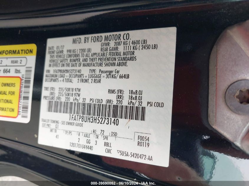 2017 Ford Mustang Ecoboost Premium VIN: 1FATP8UH3H5273140 Lot: 39590052