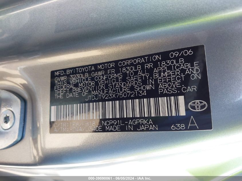 2007 Toyota Yaris VIN: JTDJT923X75072134 Lot: 39590061