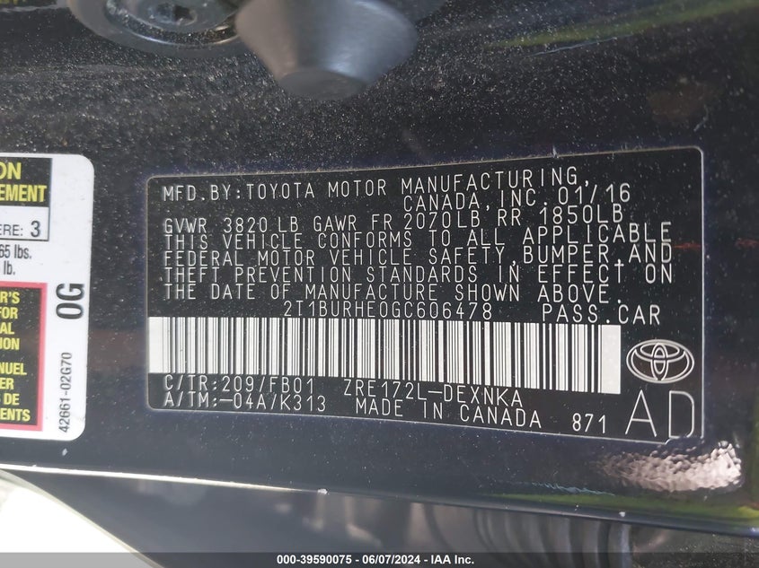 2016 Toyota Corolla Le VIN: 2T1BURHE0GC606478 Lot: 39590075