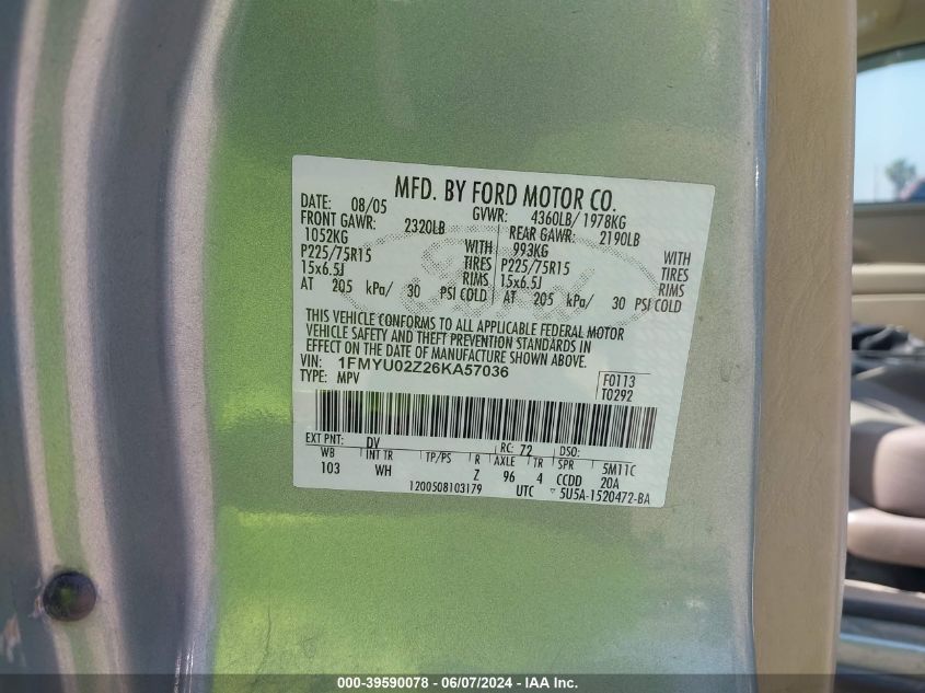 2006 Ford Escape Xls/Xls Manual VIN: 1FMYU02Z26KA57036 Lot: 39590078