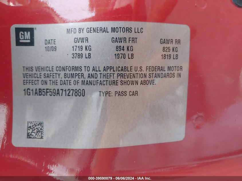 2010 Chevrolet Cobalt Ls VIN: 1G1AB5F59A7127880 Lot: 39590079