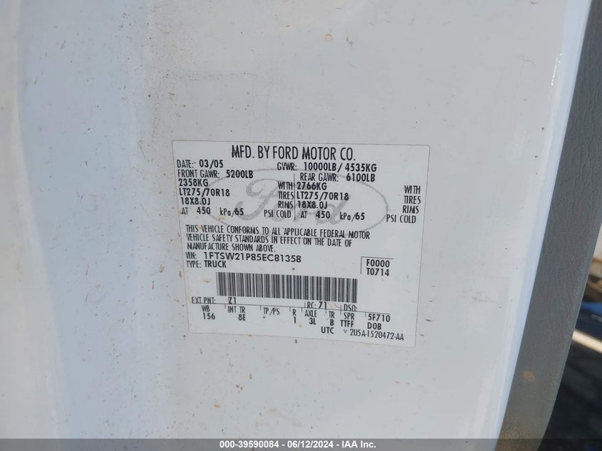 2005 Ford F-250 Lariat/Xl/Xlt VIN: 1FTSW21P85EC81358 Lot: 39590084
